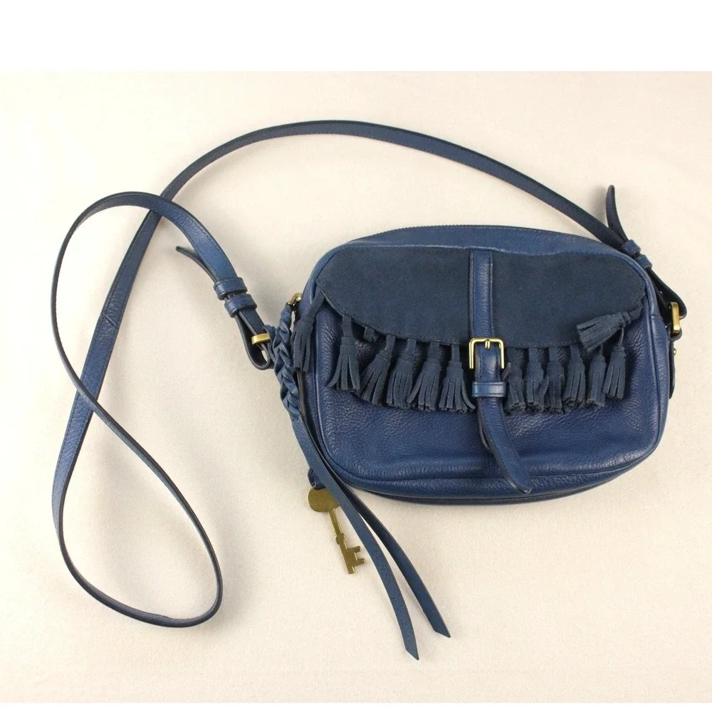 Fossil Kendall Crossbody Bag Blue Leather‎ Fringe Tassel Key Charm Strap